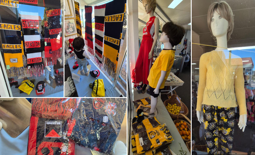 Various footy club clothes and scarves 