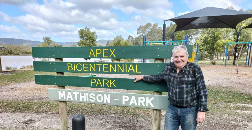 Reg Grisotto at Mathison Park (in the playground beside a sign)