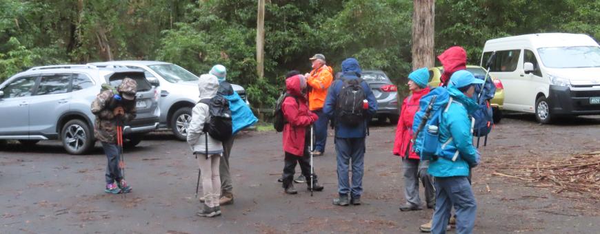 Walkers meeting in the carpark, rugged up against the weather