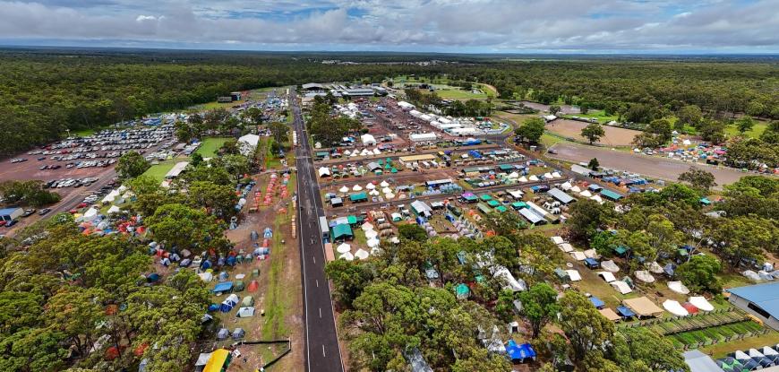 Aerial view of the campsite - with LOTS of tents 