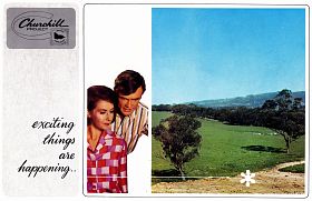 postcard showing young couple and Churchill site (very 60s)
