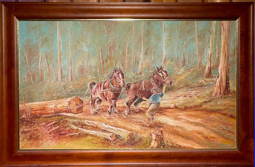 Painting of horses dragging log from the bush