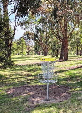 Disk Golf target in treed landscape