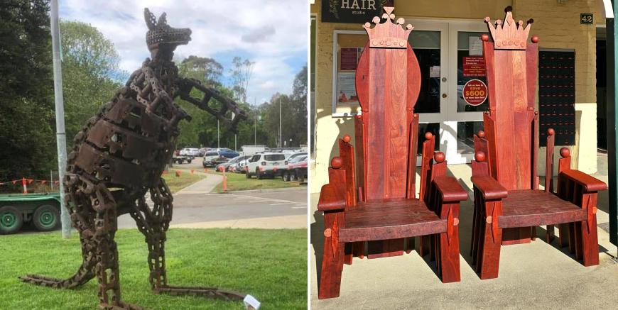 Collage of big Red (Kangaroo) and Sit (red wood thrones)