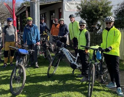 Riders outside a cafe in Welshpool