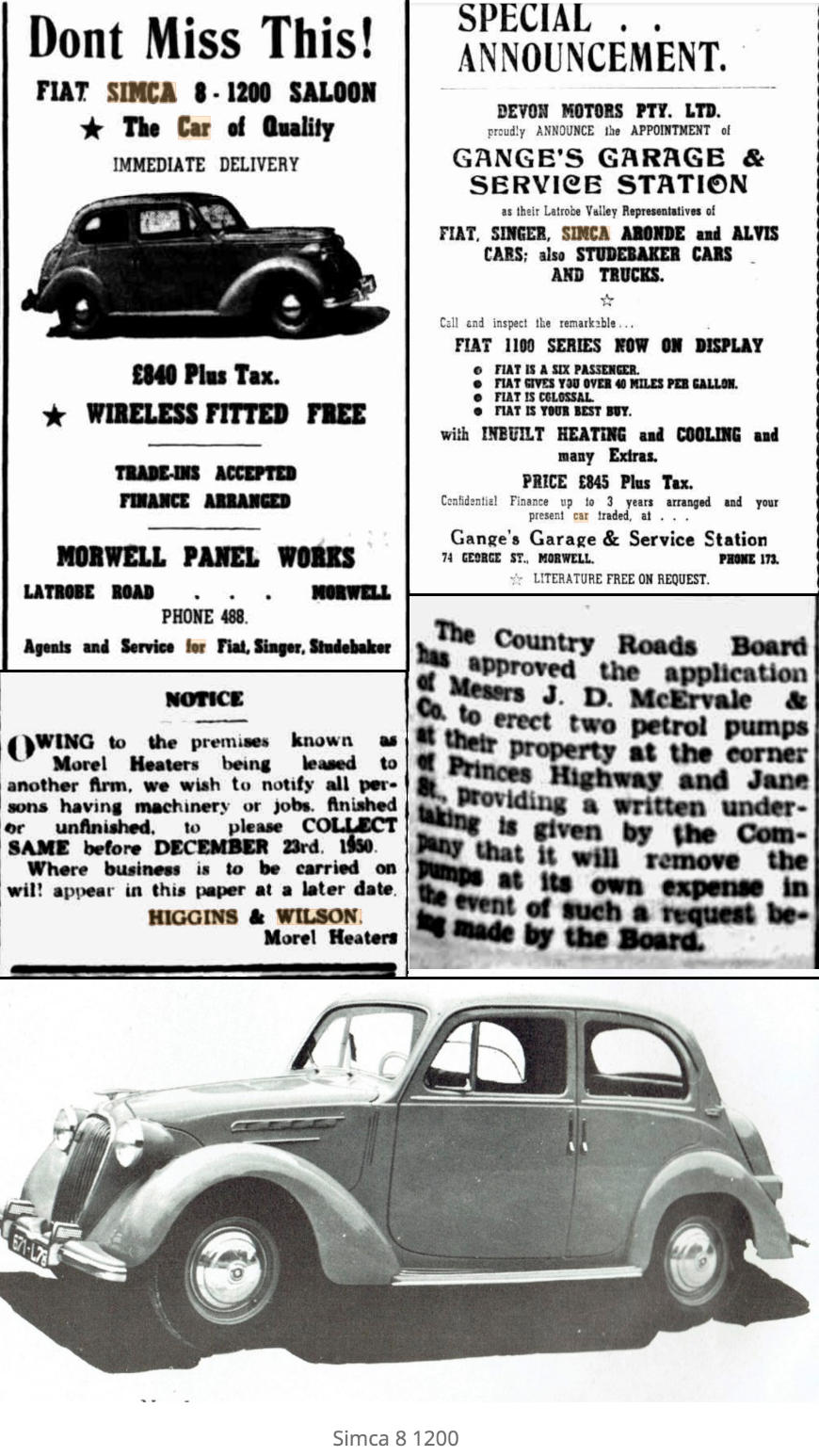 Newspaper ads for Simca, Ganges service station, etc.